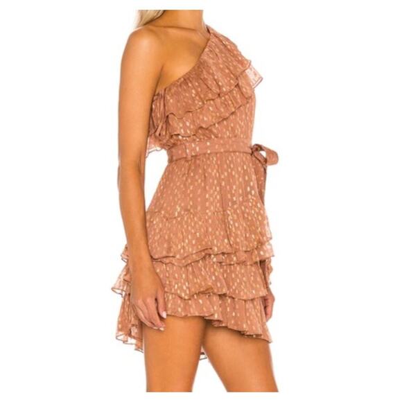 Rococo Sand Aine One Shoulder Mini Chiffon Ruffle Dress Tan Gold Small - Picture 2 of 14